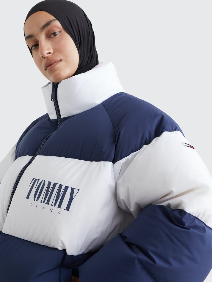 Tommy Jeans Colour-Blocked Oversized Puffer Women's Coats Navy | lI268glLGD3Q