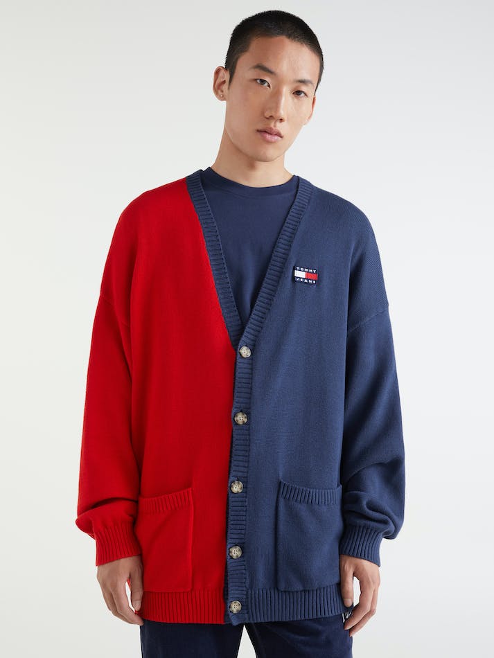 Tommy Jeans Colour-Blocked Skater Men's Cardigan Deep Red | z7FaAVhUX84V