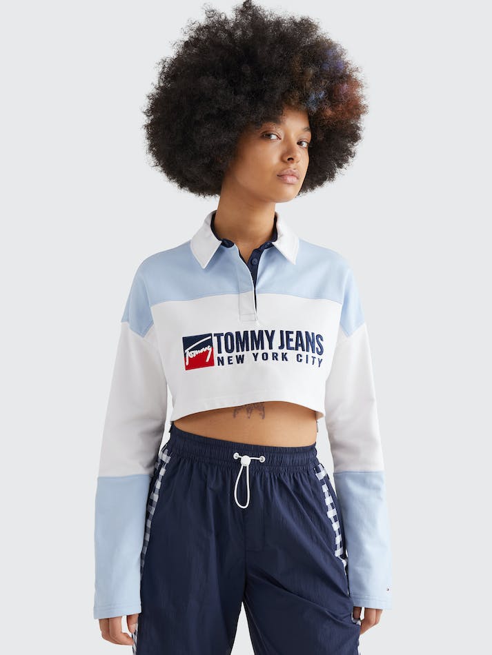 Tommy Jeans Colour-Blocked Super Cropped Long Sleeve Women's Polo Shirts Blue / Multicolor | doUfJvI1RP2J