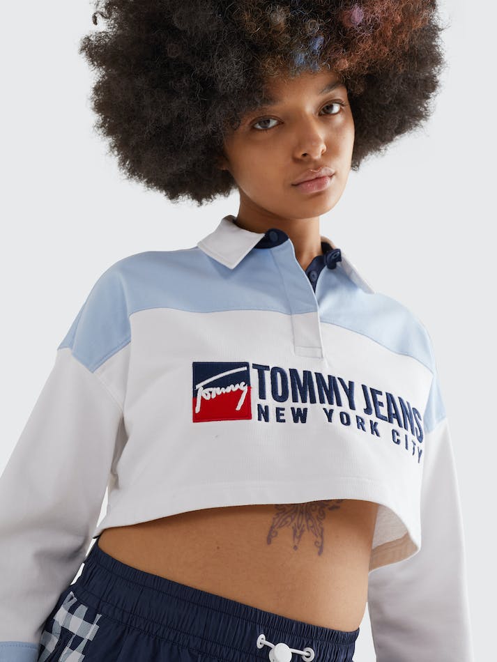 Tommy Jeans Colour-Blocked Super Cropped Long Sleeve Women's Polo Shirts Blue / Multicolor | doUfJvI1RP2J