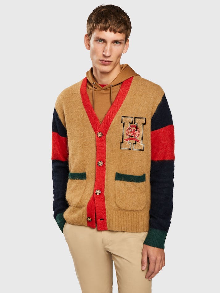 Tommy Hilfiger Crest Embroidery Colour-Blocked Men\'s Cardigan Khaki | zcaihEwSBJJm