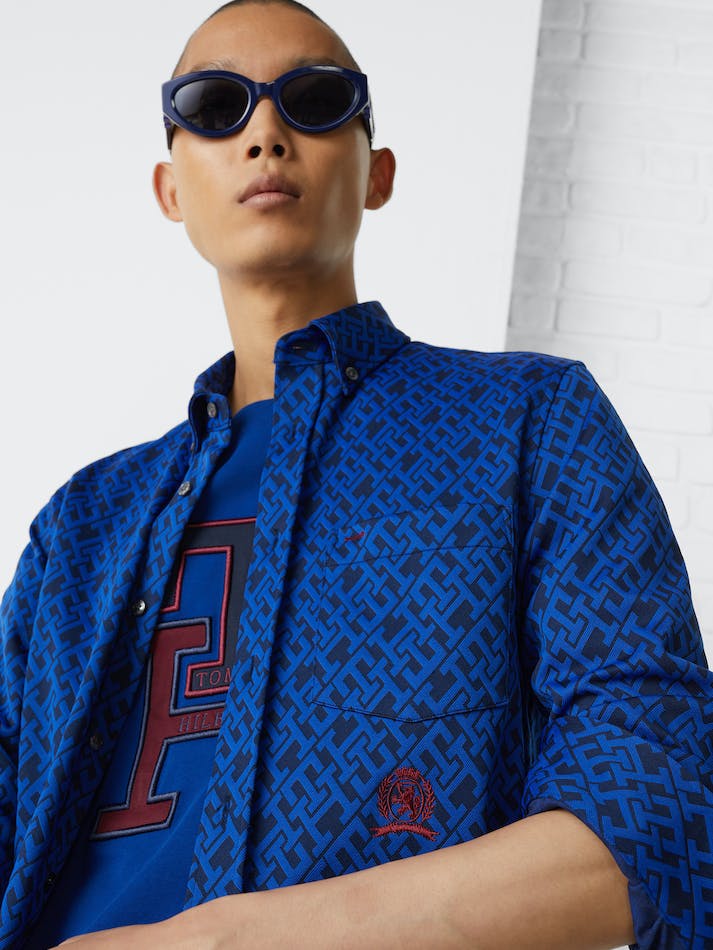 Tommy Hilfiger Crest Embroidery Monogram Men's Shirts Blue | PJAcqXdSWrh2