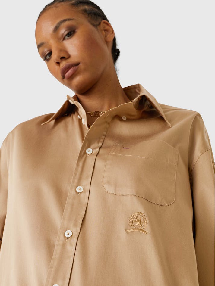 Tommy Hilfiger Crest Oversized Sateen Women's Shirts Khaki | 6o6g7PzHlx15