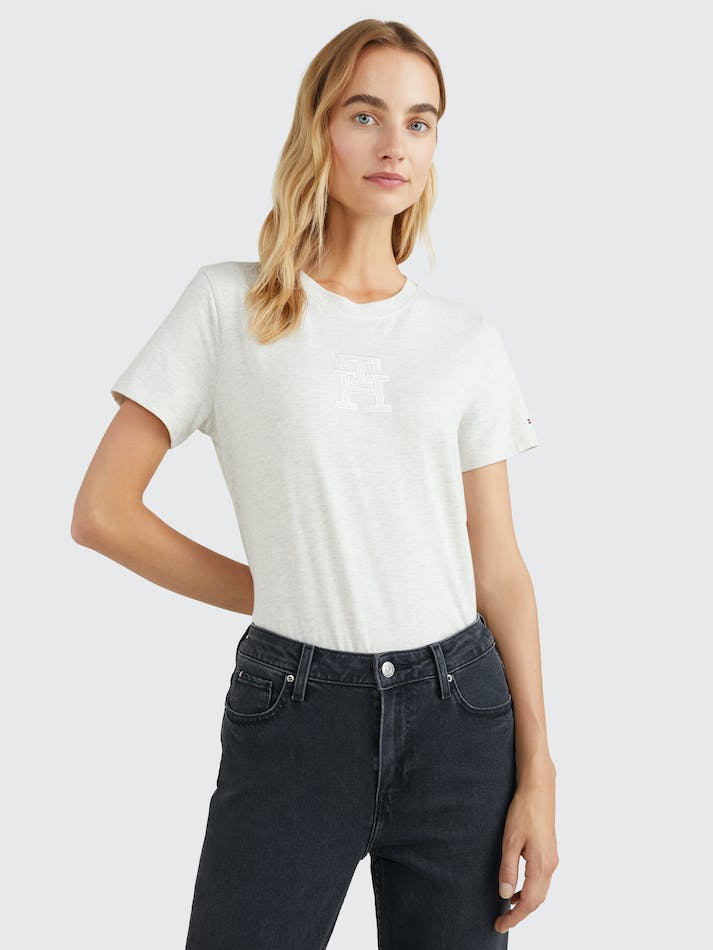 Tommy Hilfiger Crew Neck Monogram Applique Women's T Shirts Heathered Oatmilk | WfOU5dD2Pd3O