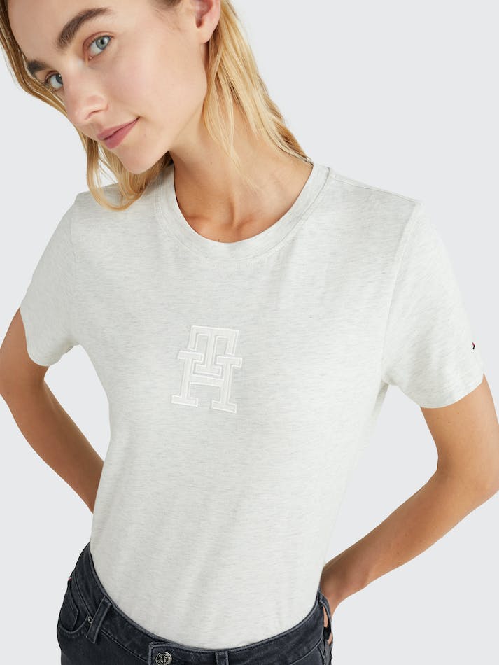 Tommy Hilfiger Crew Neck Monogram Applique Women's T Shirts Heathered Oatmilk | WfOU5dD2Pd3O