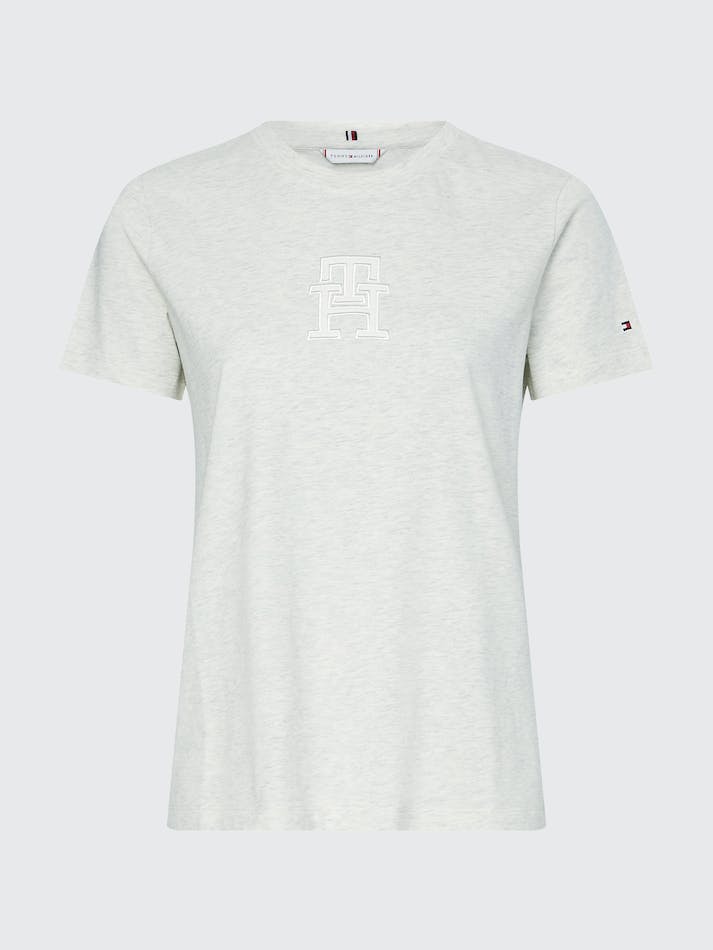 Tommy Hilfiger Crew Neck Monogram Applique Women's T Shirts Heathered Oatmilk | WfOU5dD2Pd3O