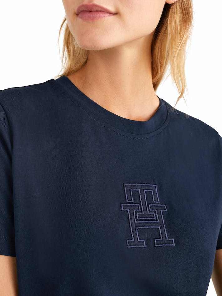 Tommy Hilfiger Crew Neck Monogram Applique Women's T Shirts Blue | xzmXTlRQVi1c