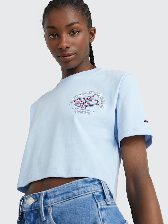 Tommy Jeans Cropped Food Print Women's T Shirts Blue | 4inzEJ3wARpk