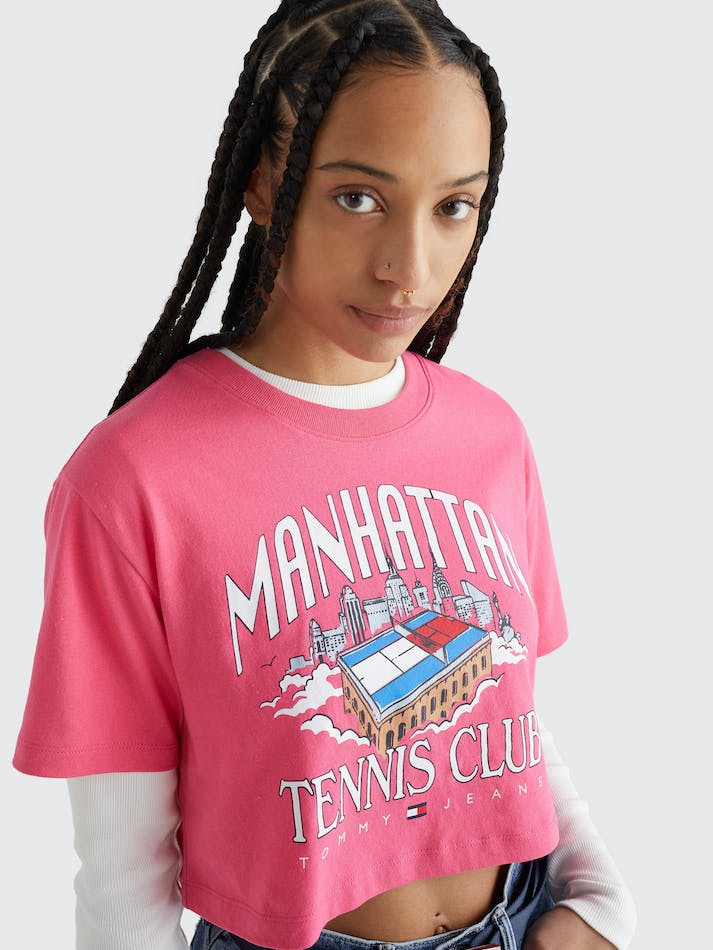 Tommy Jeans Cropped Logo Women's T Shirts Pink | 9eNfvFcA6p2c