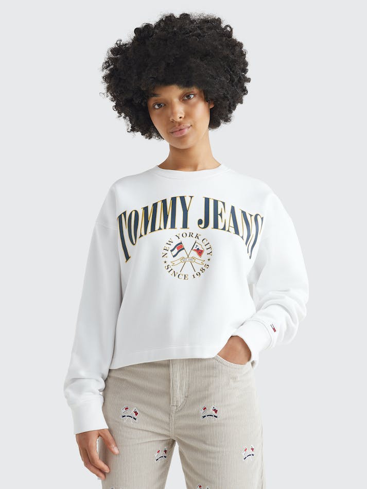 Tommy Jeans Cropped Relaxed Fit Logo Women's Sweatshirt White | 8L98mmo7Jiwy