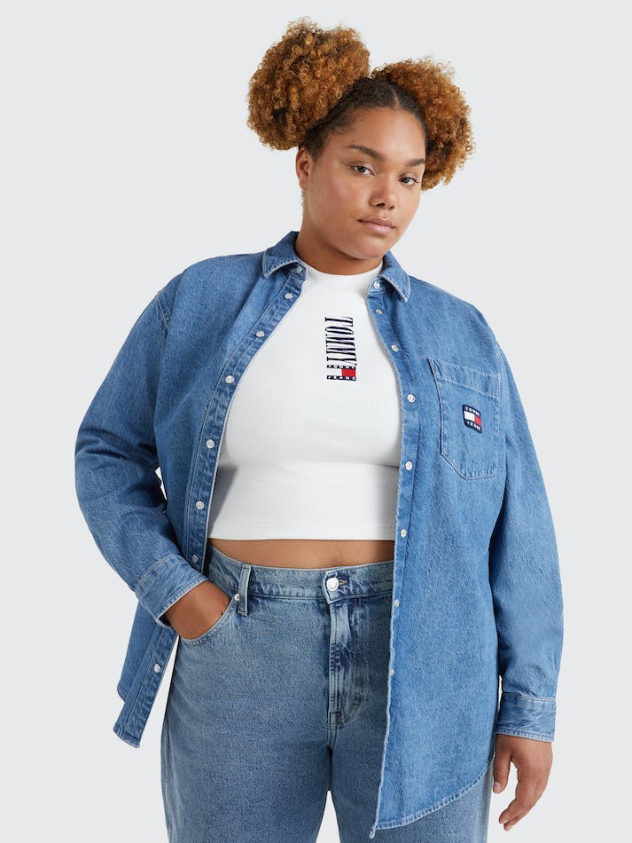 Tommy Jeans Curve Badge Boyfriend Fit Denim Women's Shirts Blue | LtxSrZTr1QeE