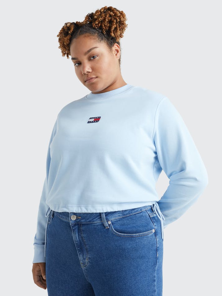 Tommy Jeans Curve Badge Cropped Drawstring Women's Sweatshirt Blue | o1kkZELw63sh