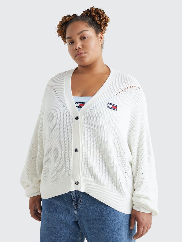 Tommy Jeans Curve Badge Knitted Women's Cardigan White | IkQJ5ve3B3eD