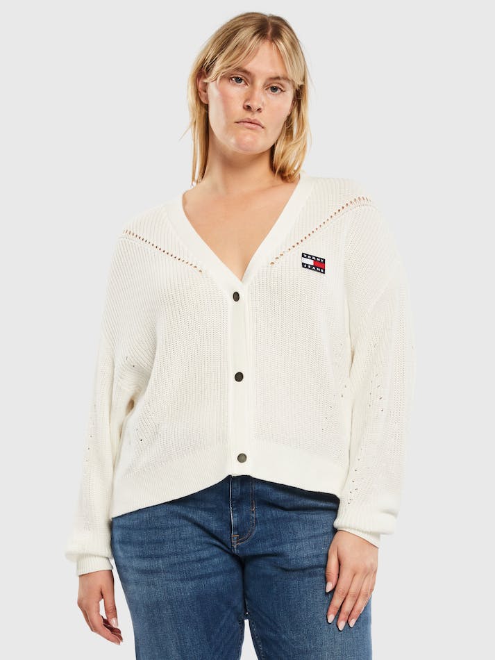 Tommy Jeans Curve Badge Knitted Women's Cardigan White | IkQJ5ve3B3eD