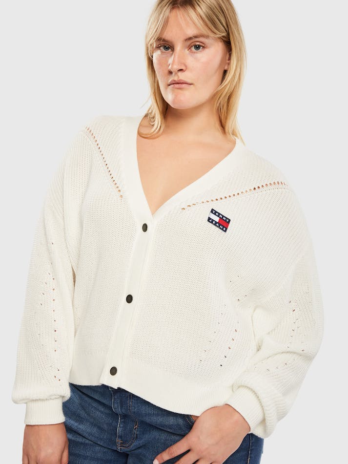 Tommy Jeans Curve Badge Knitted Women's Cardigan White | IkQJ5ve3B3eD