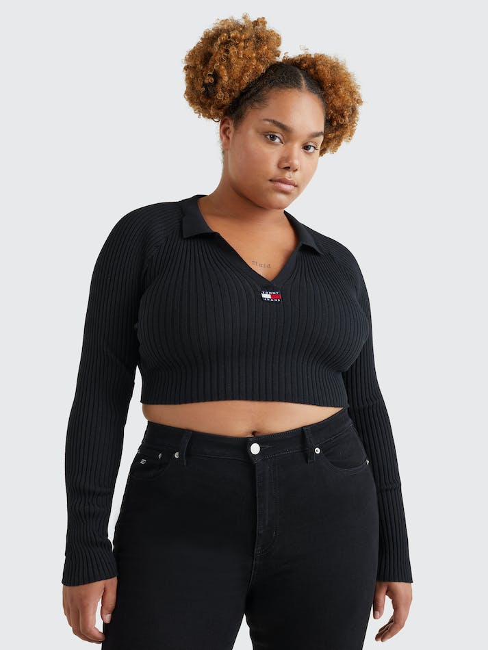 Tommy Jeans Curve Badge Rib-Knit Cropped Women's Jumpers Black | QKDbFdvZiSdp