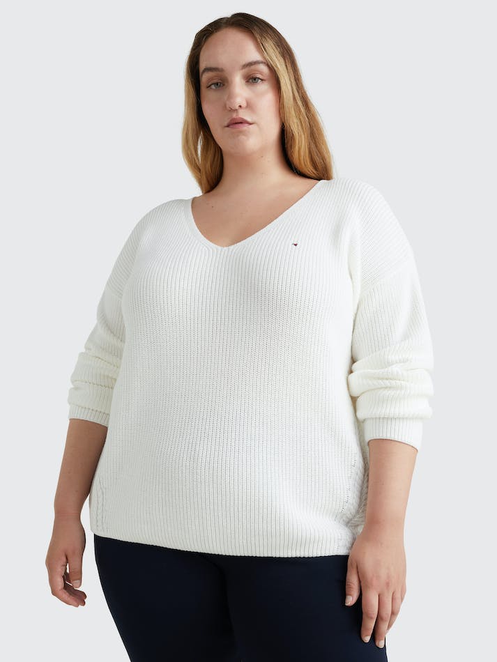 Tommy Hilfiger Curve Cable Knit Trim V-Neck Relaxed Women's Jumpers White | RHlD98Bzqo73