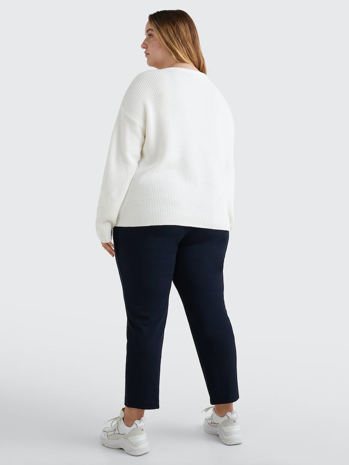 Tommy Hilfiger Curve Cable Knit Trim V-Neck Relaxed Women's Jumpers White | RHlD98Bzqo73