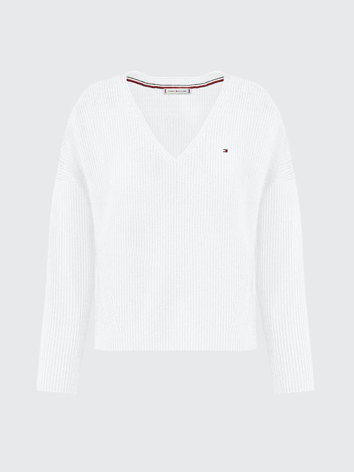 Tommy Hilfiger Curve Cable Knit Trim V-Neck Relaxed Women's Jumpers White | RHlD98Bzqo73