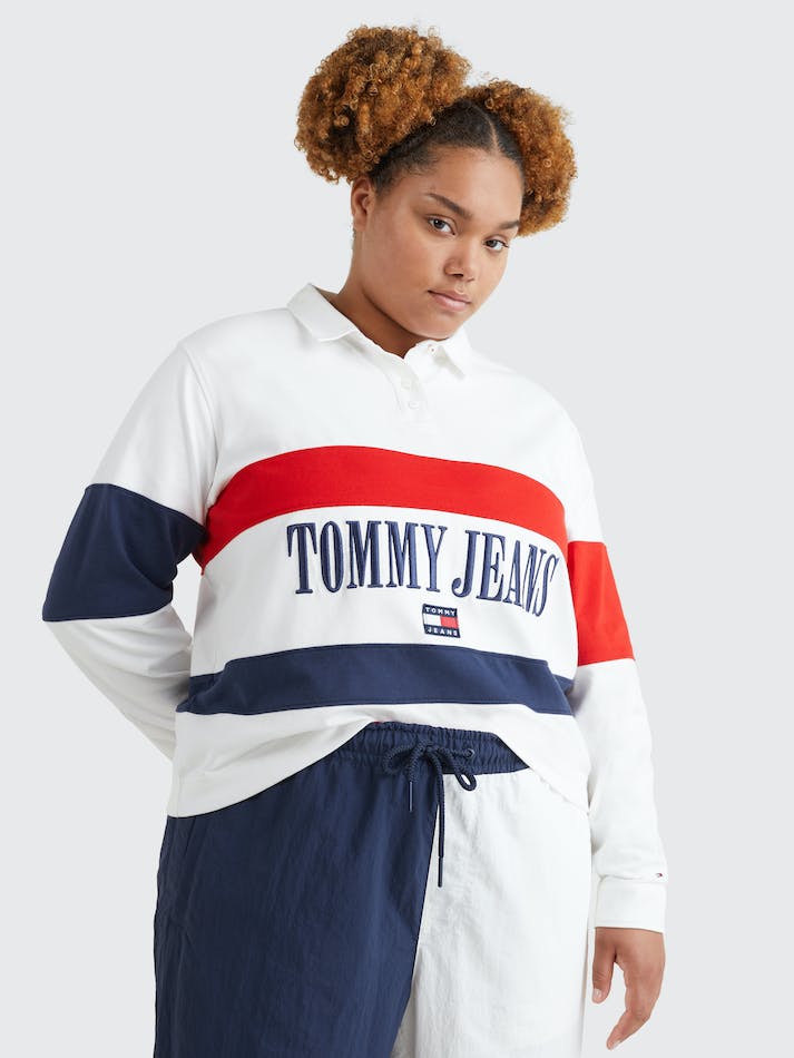 Tommy Jeans Curve Colour-Block Oversized Long-Sleeved Women's Polo Shirts White / Multicolor | UonOhvOUWHvS