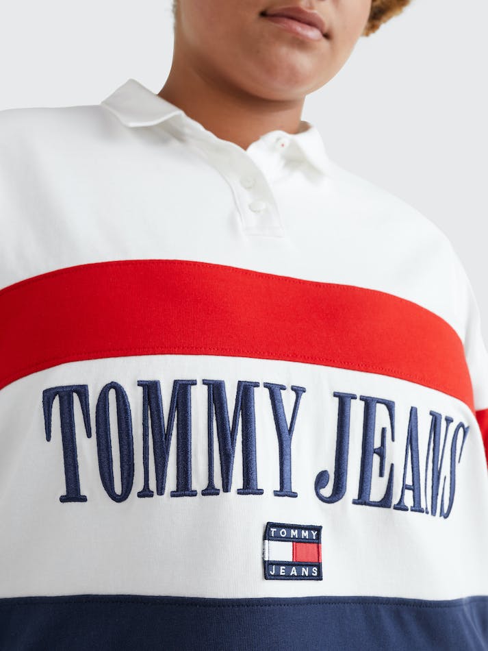 Tommy Jeans Curve Colour-Block Oversized Long-Sleeved Women's Polo Shirts White / Multicolor | UonOhvOUWHvS