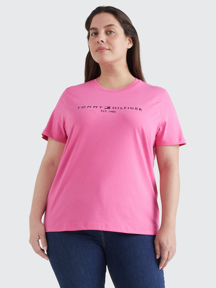 Tommy Hilfiger Curve Logo Print Organic Cotton Crew-Neck Women's T Shirts Pink | HE0qc3rneuDv