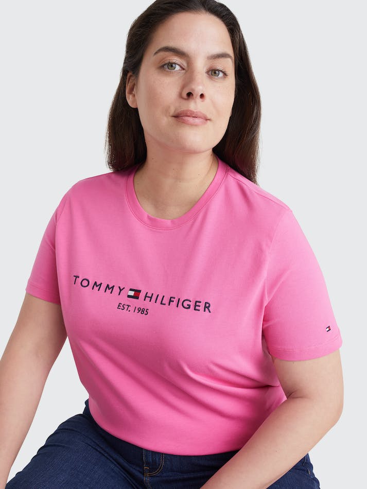 Tommy Hilfiger Curve Logo Print Organic Cotton Crew-Neck Women's T Shirts Pink | HE0qc3rneuDv