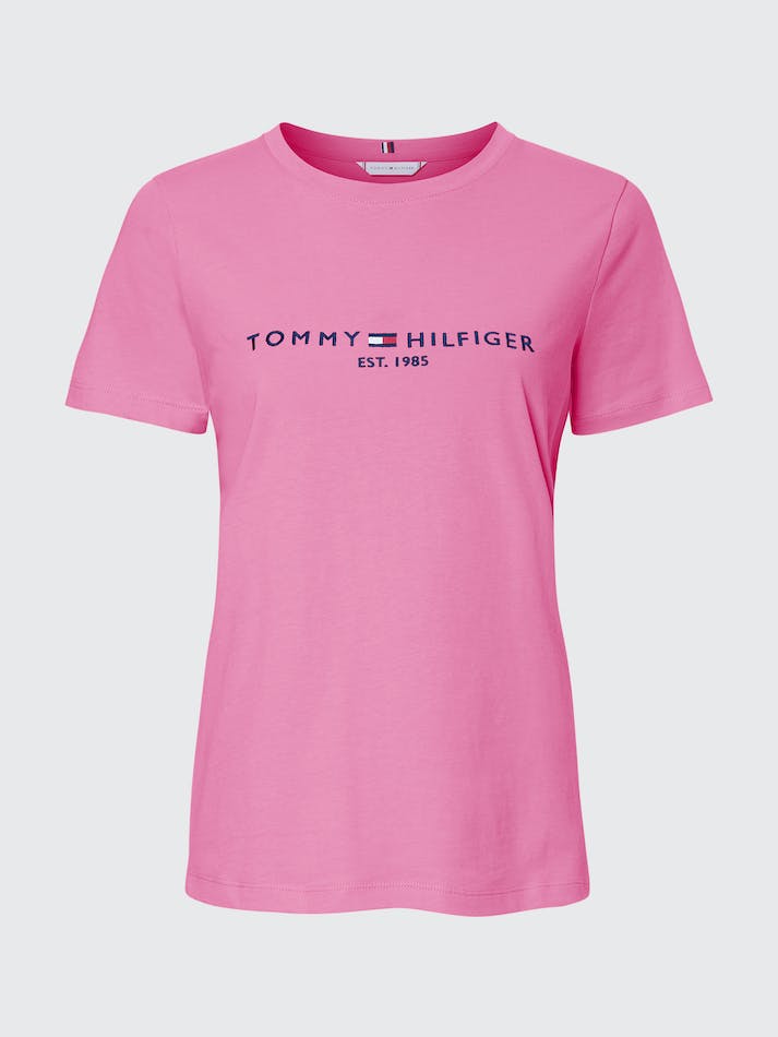 Tommy Hilfiger Curve Logo Print Organic Cotton Crew-Neck Women's T Shirts Pink | HE0qc3rneuDv