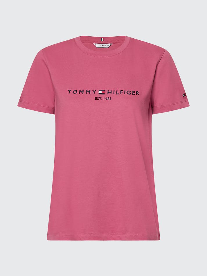 Tommy Hilfiger Curve Logo Print Organic Cotton Crew-Neck Women's T Shirts Rose Red | fhH4ih0iGO4K