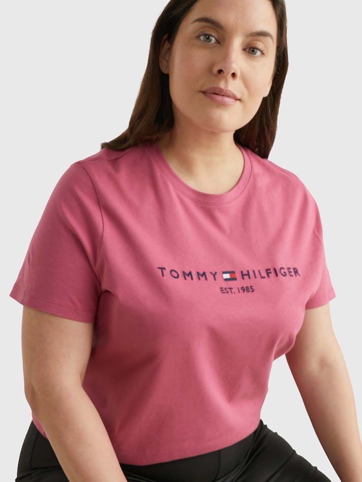 Tommy Hilfiger Curve Logo Print Organic Cotton Crew-Neck Women's T Shirts Rose Red | fhH4ih0iGO4K