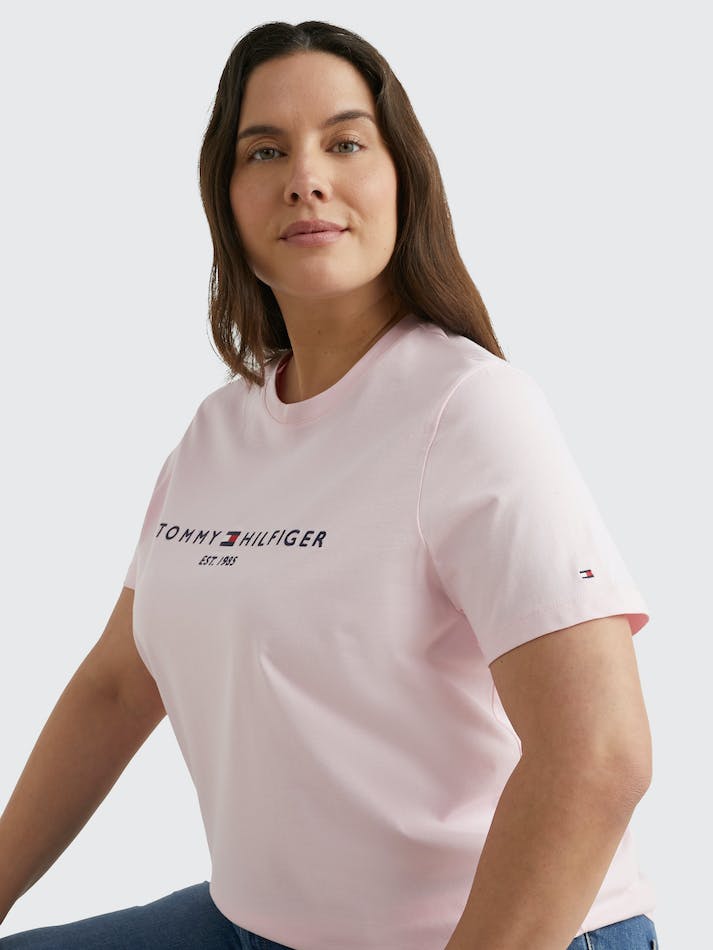 Tommy Hilfiger Curve Logo Print Organic Cotton Crew-Neck Women's T Shirts Pink | siaRUFVyfTMR