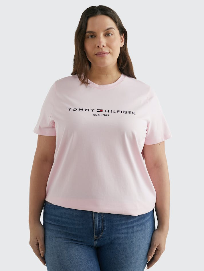 Tommy Hilfiger Curve Logo Print Organic Cotton Crew-Neck Women\'s T Shirts Pink | siaRUFVyfTMR