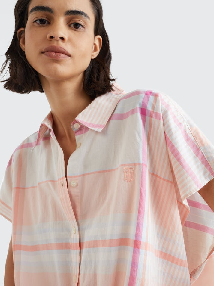 Tommy Hilfiger Curve Madras Relaxed Fit Women's Shirts Coral | 53bK6W5QT1ZS