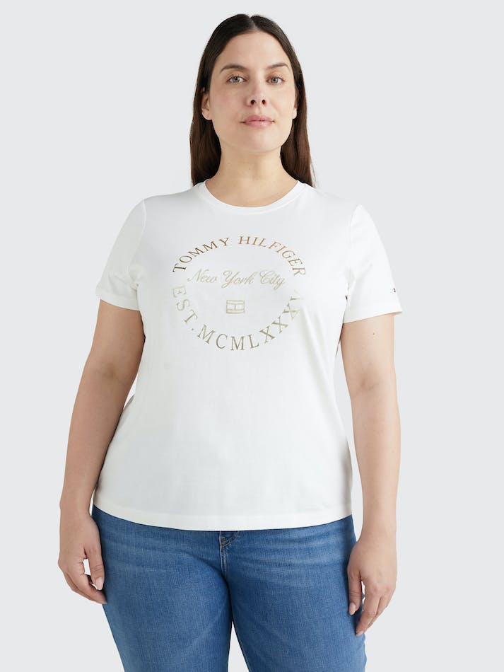 Tommy Hilfiger Curve Metallic Logo Women's T Shirts White | 2KNcUDgIJVSJ