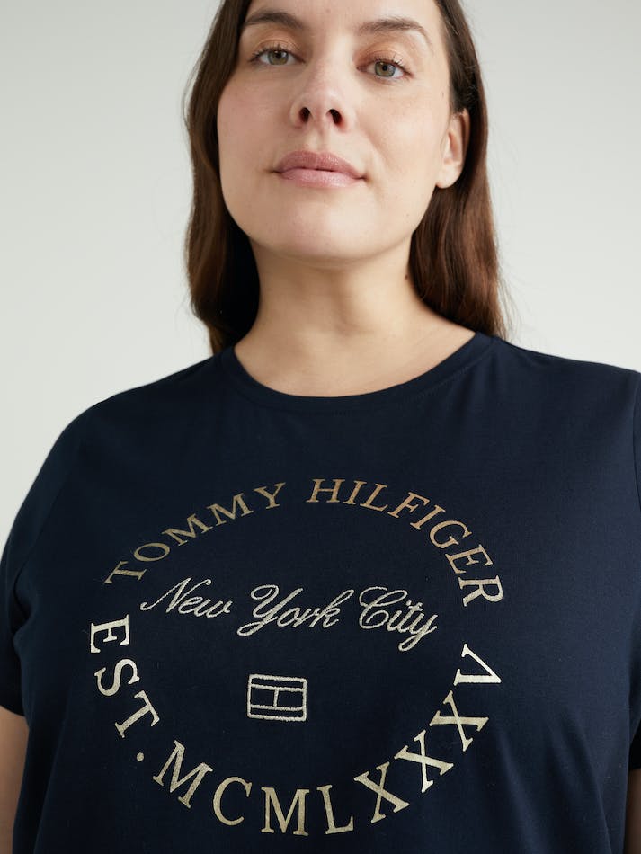 Tommy Hilfiger Curve Metallic Logo Women's T Shirts Blue | 34z8FI9WB33a