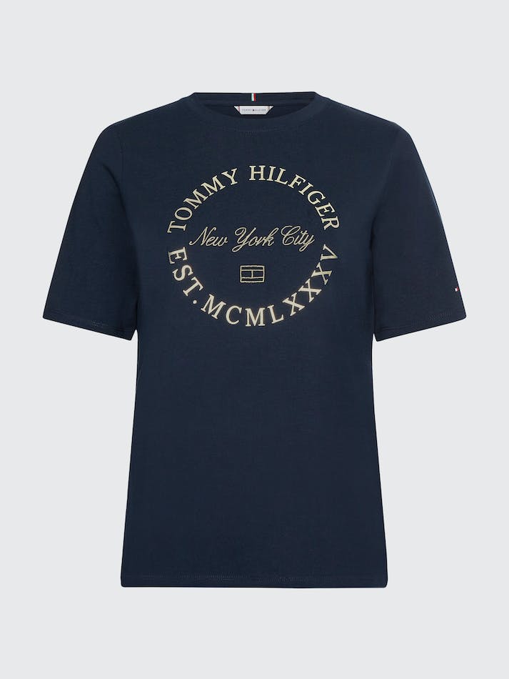 Tommy Hilfiger Curve Metallic Logo Women's T Shirts Blue | 34z8FI9WB33a