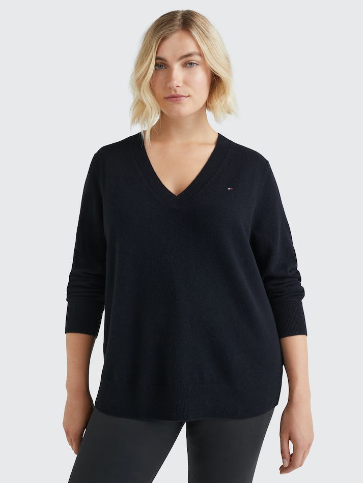 Tommy Hilfiger Curve Recycled Wool Blend V-Neck Women's Jumpers Black | QwFAN0GO54ob