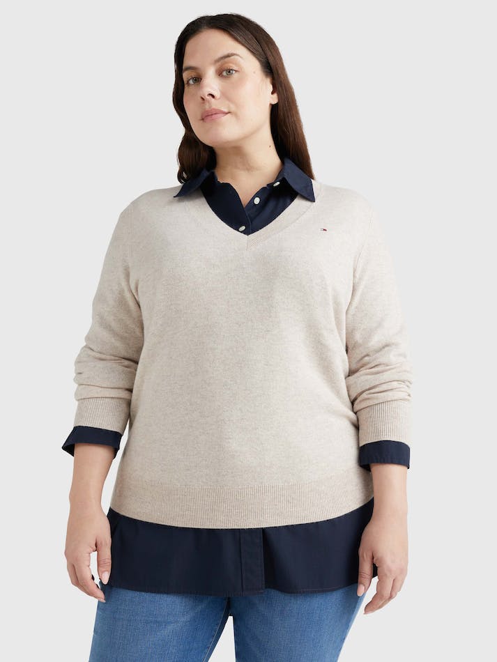 Tommy Hilfiger Curve Recycled Wool Blend V-Neck Women's Jumpers White | zO3WULYV9nCj