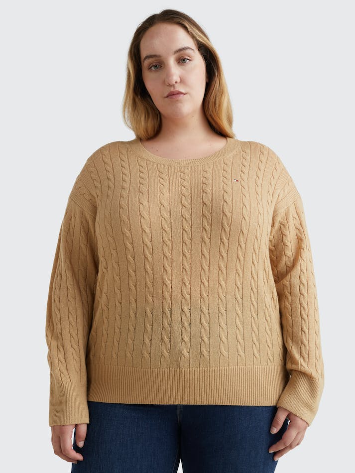 Tommy Hilfiger Curve Relaxed Fit Cable Knit Wool Women's Jumpers Khaki | XOaZARqupq2u