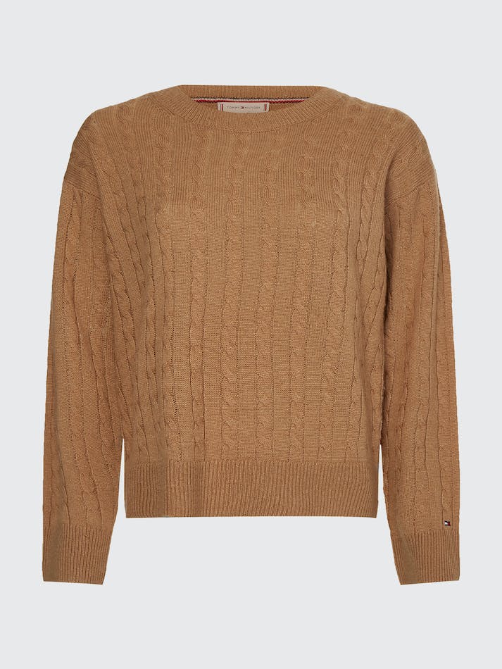 Tommy Hilfiger Curve Relaxed Fit Cable Knit Wool Women's Jumpers Khaki | XOaZARqupq2u