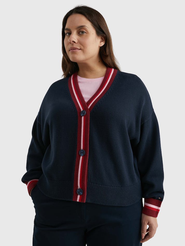 Tommy Hilfiger Curve Relaxed Fit Stripe V-Neck Women's Cardigan Blue | tnOBE3UjxRw6