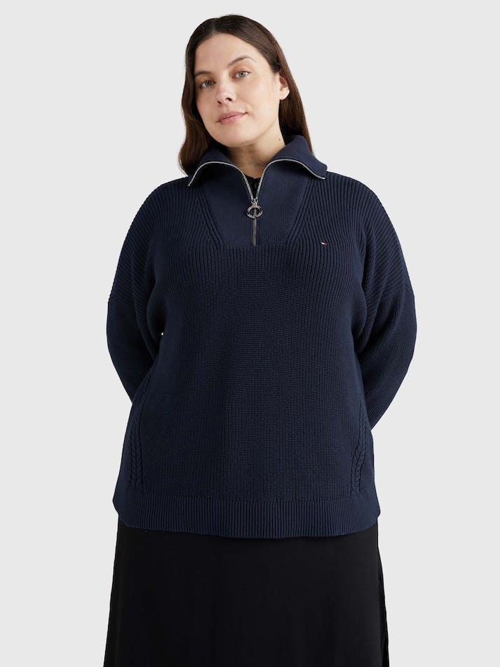 Tommy Hilfiger Curve Rib Knit Half-Zip Relaxed Women's Jumpers Blue | NCsNW8hKSttN