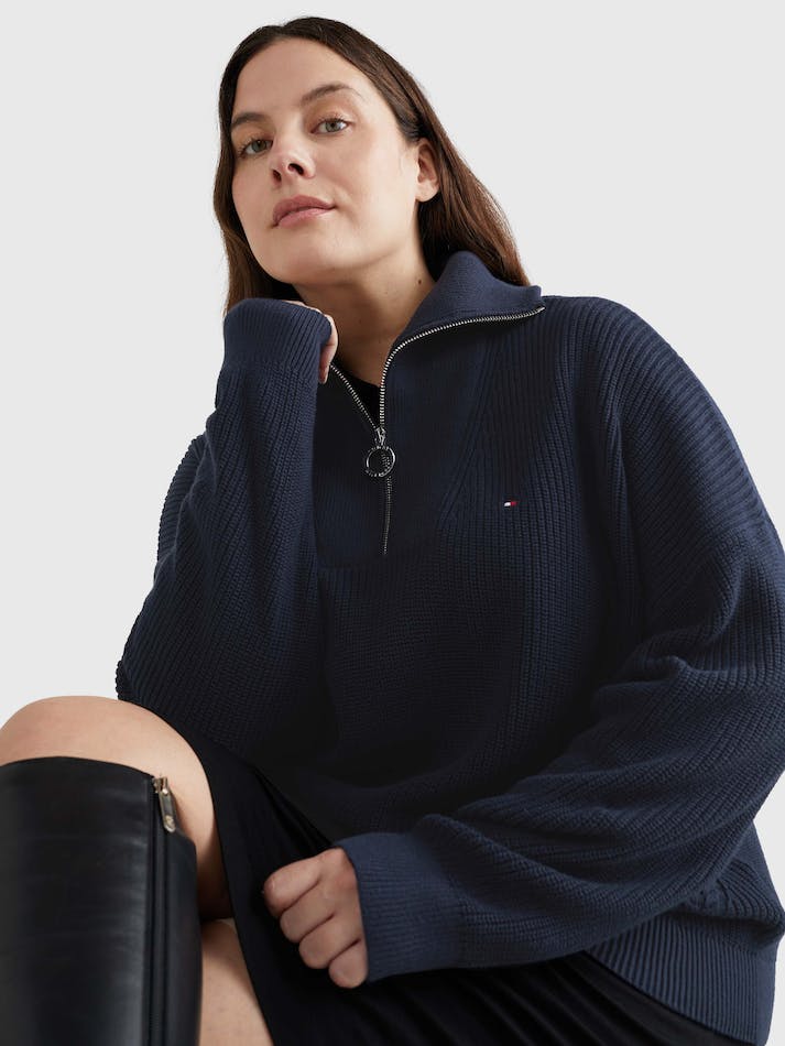 Tommy Hilfiger Curve Rib Knit Half-Zip Relaxed Women's Jumpers Blue | NCsNW8hKSttN