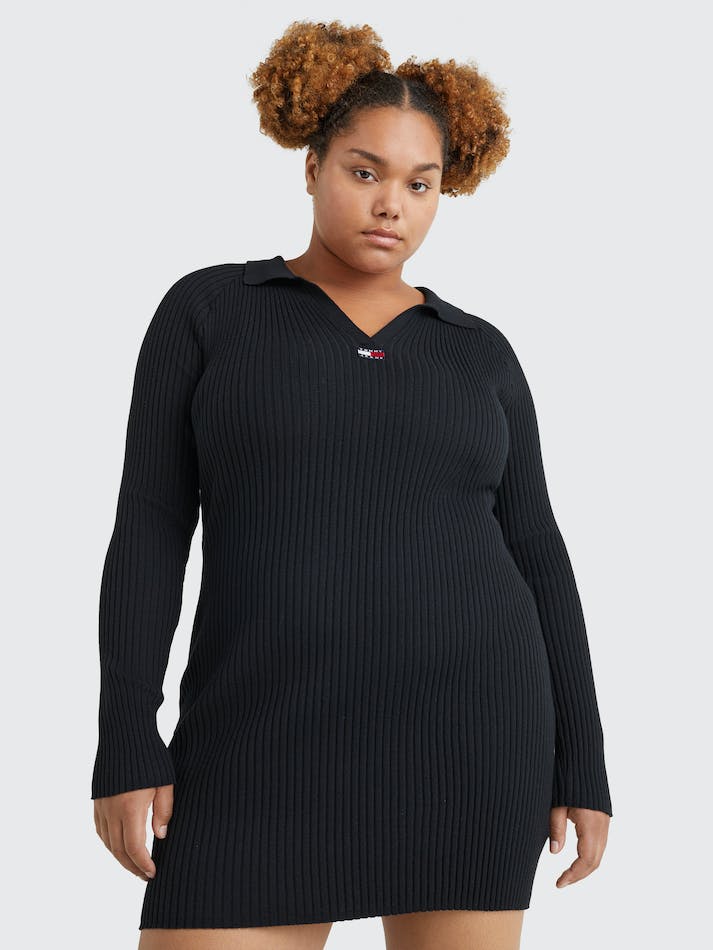 Tommy Jeans Curve Ribbed Badge Jumper Women's Dress Black | FSfNEW362GxA