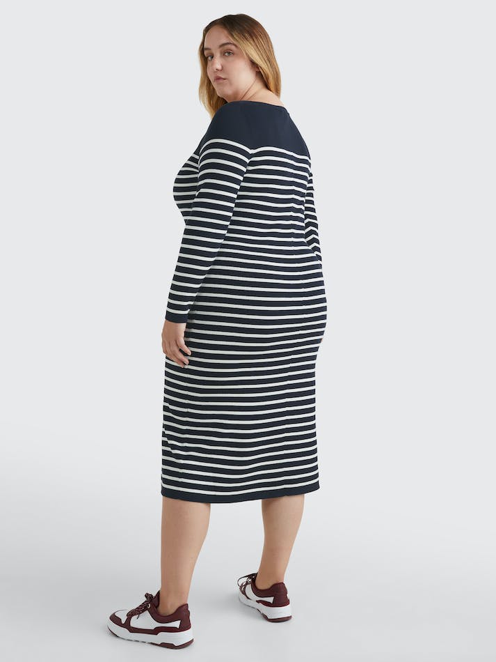 Tommy Hilfiger Curve Slim Fit Organic Cotton Midi Women's Dress Stripes / Blue | 6BbtOt5Oxun8