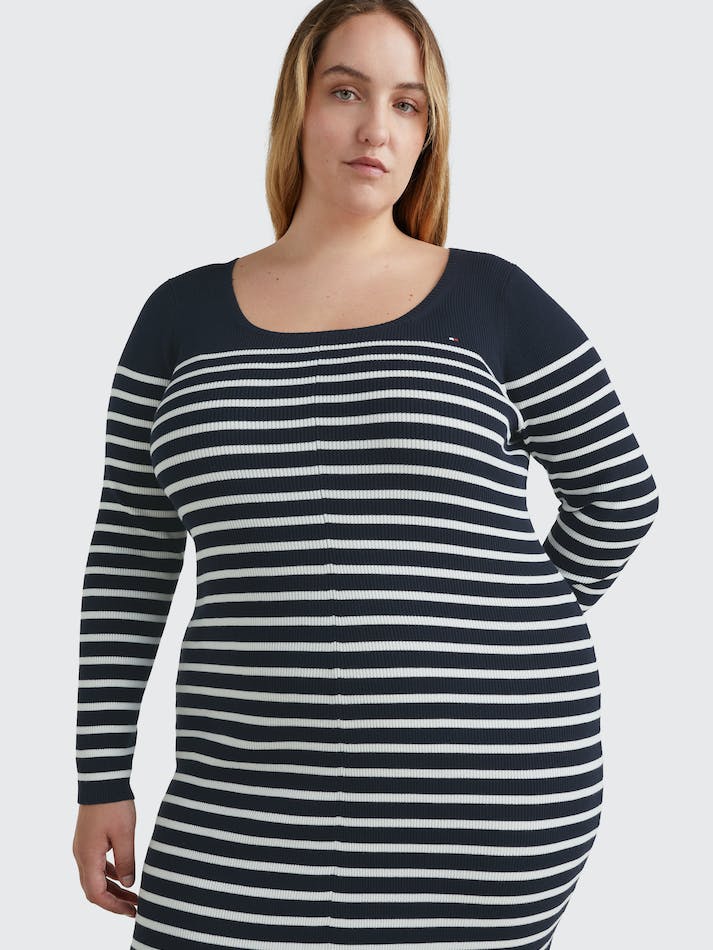 Tommy Hilfiger Curve Slim Fit Organic Cotton Midi Women's Dress Stripes / Blue | 6BbtOt5Oxun8