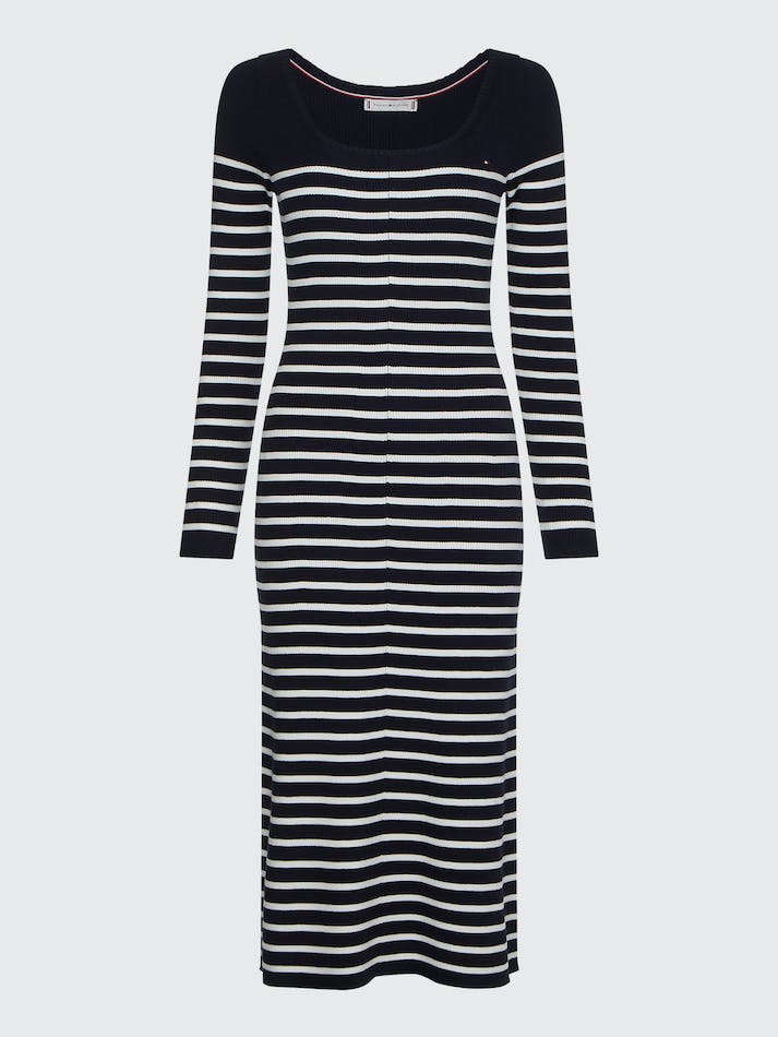 Tommy Hilfiger Curve Slim Fit Organic Cotton Midi Women's Dress Stripes / Blue | 6BbtOt5Oxun8