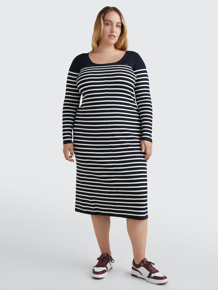 Tommy Hilfiger Curve Slim Fit Organic Cotton Midi Women\'s Dress Stripes / Blue | 6BbtOt5Oxun8