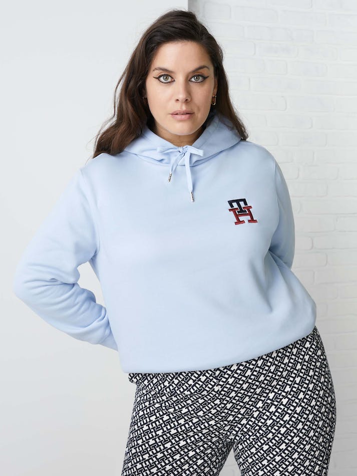 Tommy Hilfiger Curve TH Monogram Embroidery Women's Hoodie Blue | YaKxc6cPe11G