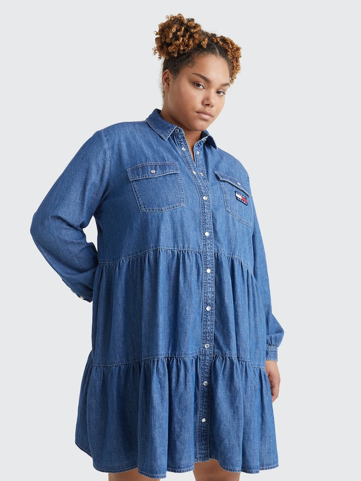 Tommy Jeans Curve Tiered Denim Shirt Women's Dress Blue | TwQGVzgo5LBN